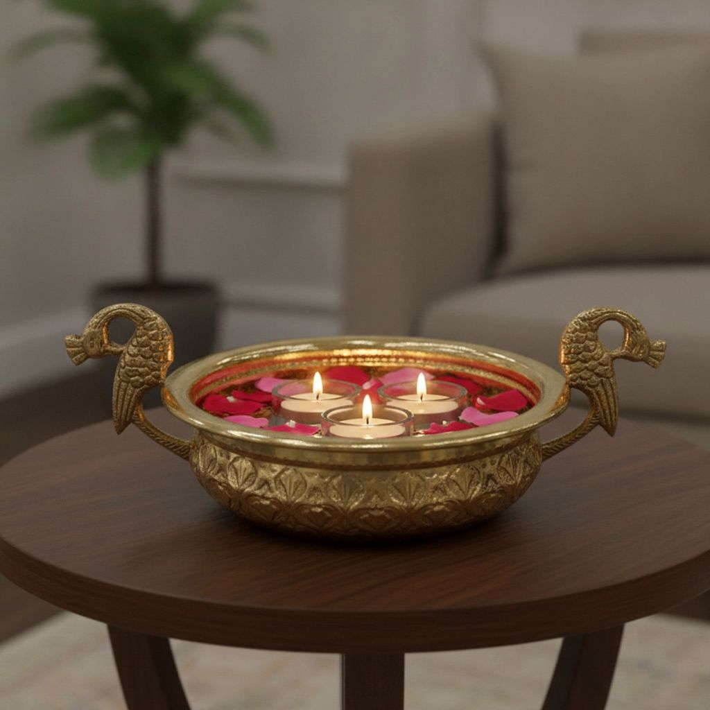 Brass Peacock Design Urli Bowl | Brass Peacock Urli | Decorative Diya Bowl for Home Decoration, Height : 5.5 Inch (ATMAS091 D)
