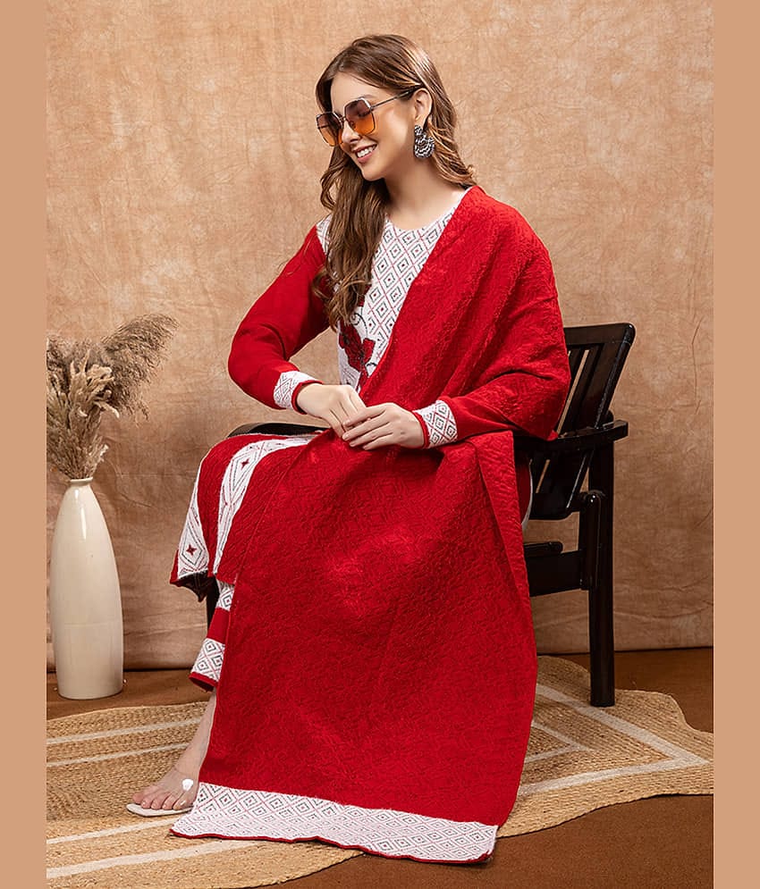 tysort Women Woollen Printed Anarkali Kurti With Pants ( Red )