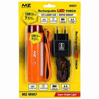 MZ M907 Rechargeable 12W Laser LED Torch High Intensity Super Bright Flashlight with 7-Hour Runtime, Round Pin Charger, and Hanging Lanyard (Orange)