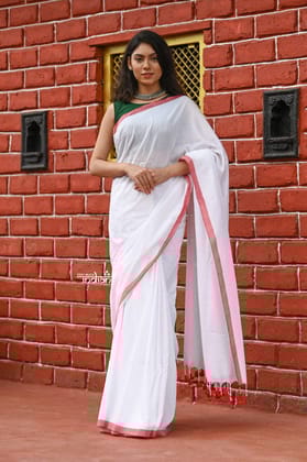 Saadgi ~Pure Cotton Handloom Sarees with Intricate Borders ~ White