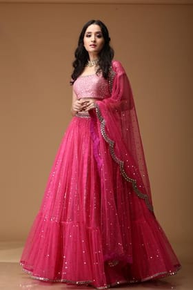 PINK LINEAR SEQUIN POLKA FRILL LEHENGA WITH LIGHT PINK BLOUSE- NV-004