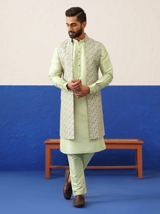 Green Printed Embroidered Jacket Kurta Set-L/42 / Churidaar Set