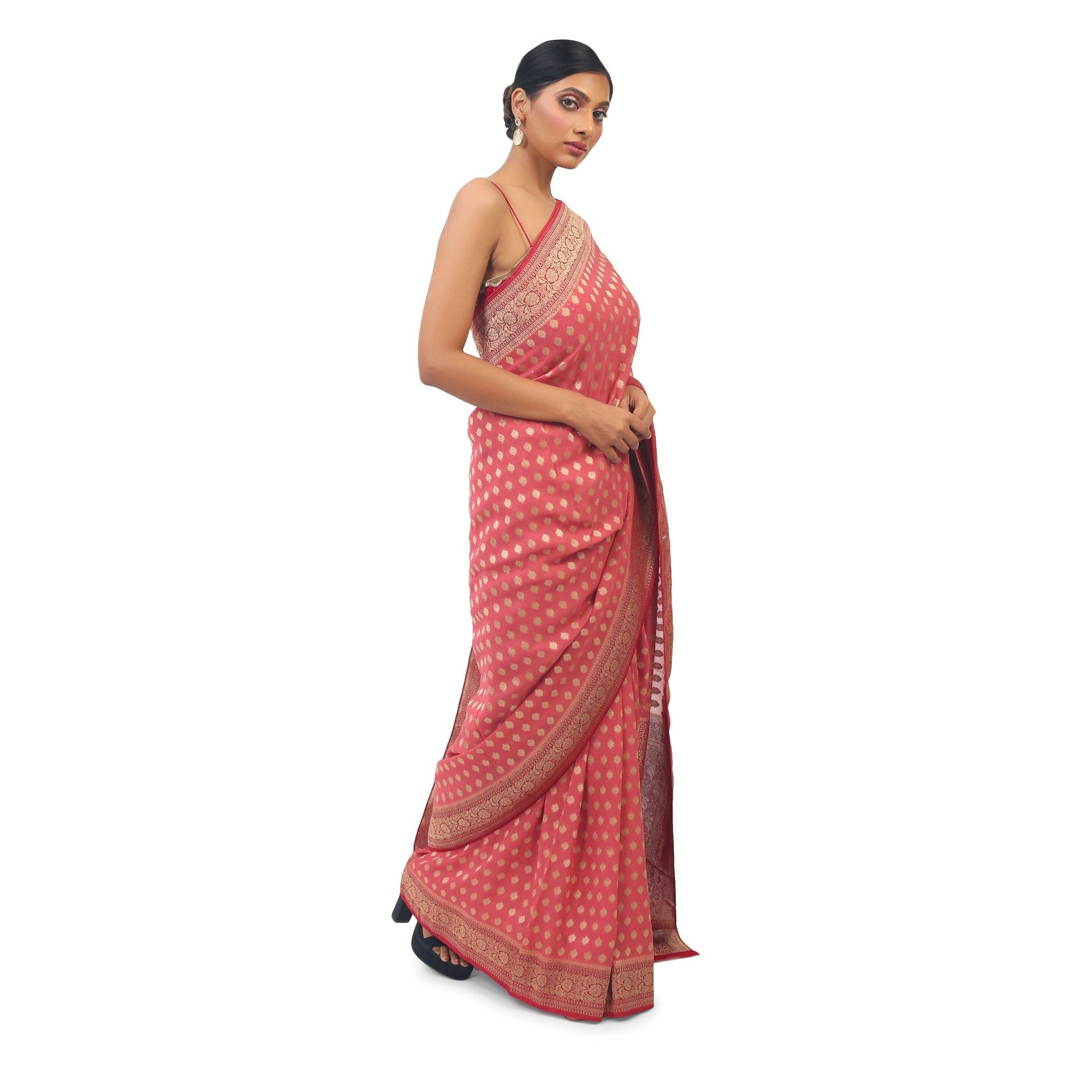 TheHangr Pink Soft Georgette Pink Saree With Contrast Red Boarder