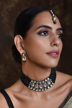 Erika Green Rhodium Plated Polki Choker Necklace Set-Polki