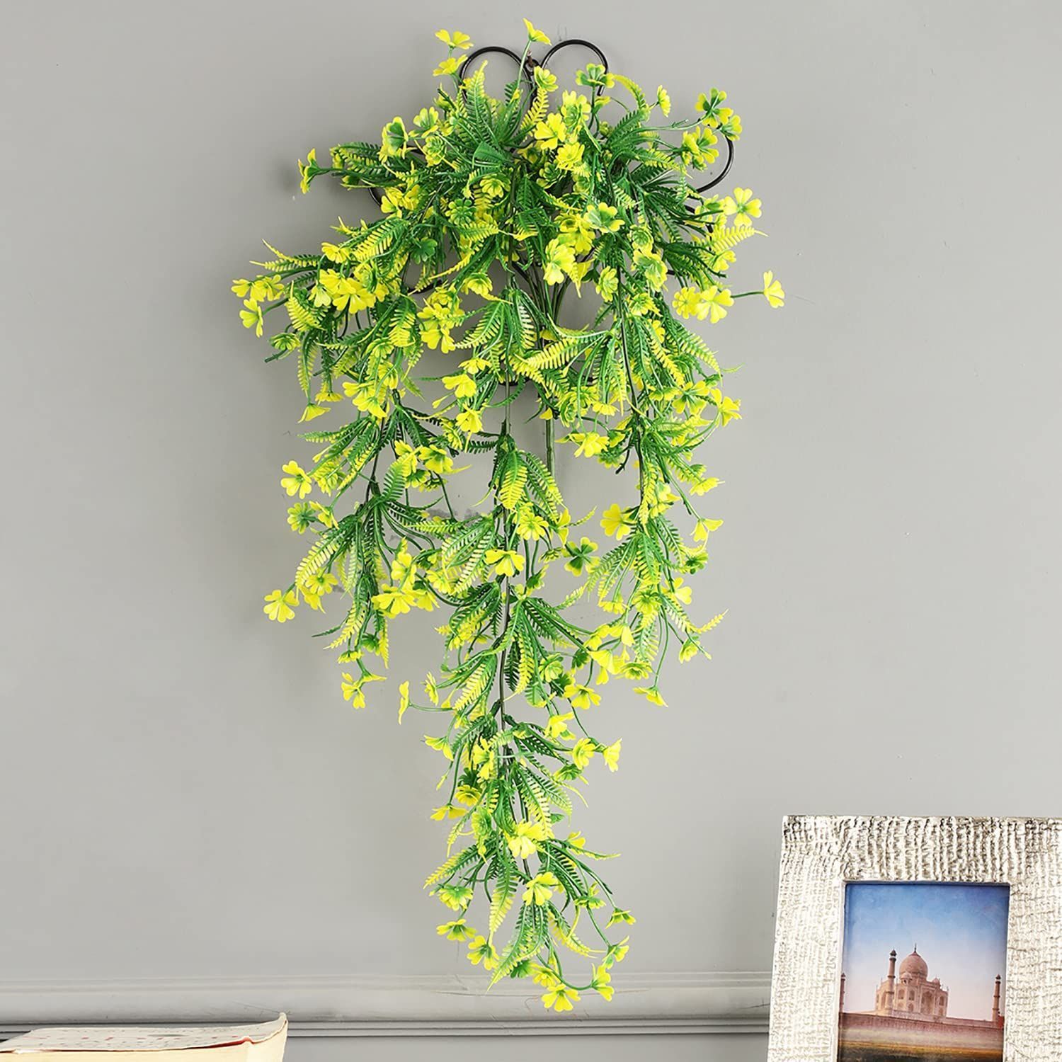 Foliyaj Artificial Vine Yellow Flowers and Leaves with Metal Wall Stand