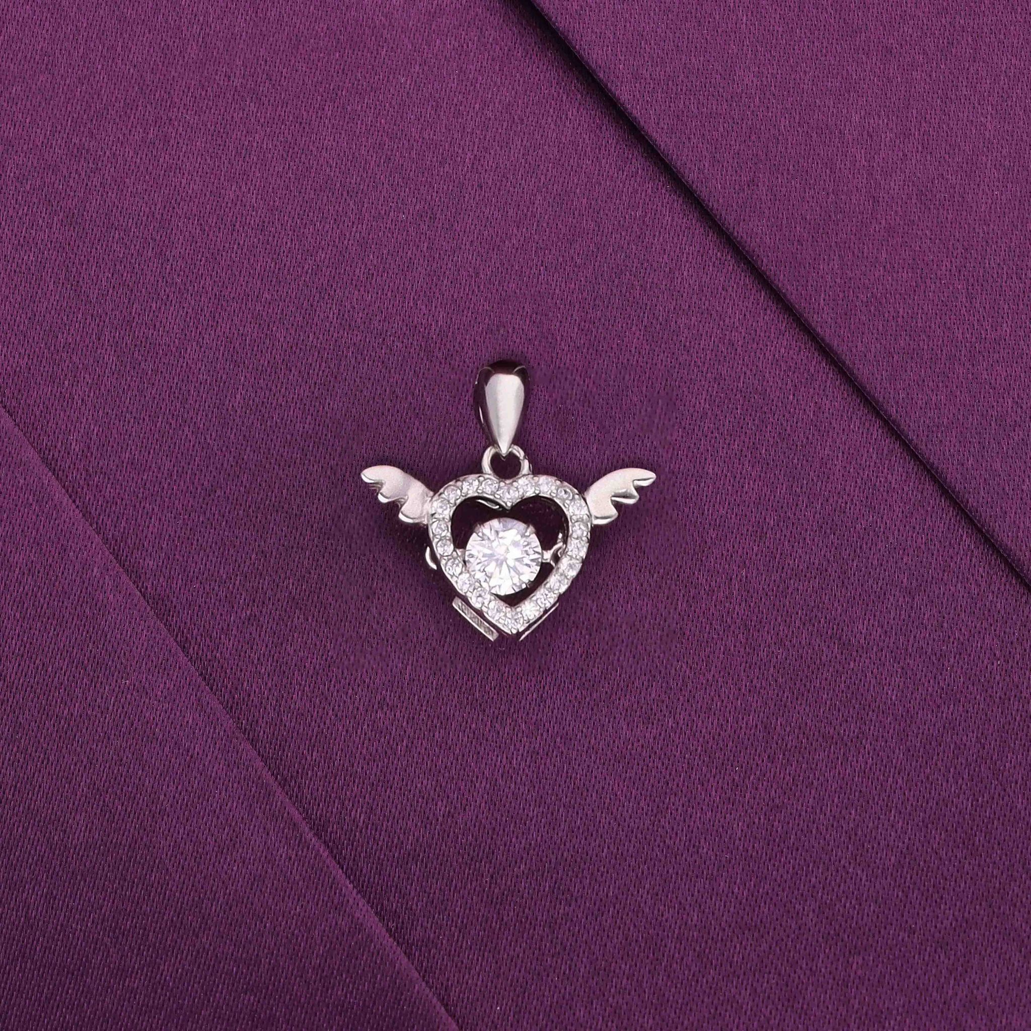 Sterling Silver Angel Winged Heart Pendant-White Stone / Silver