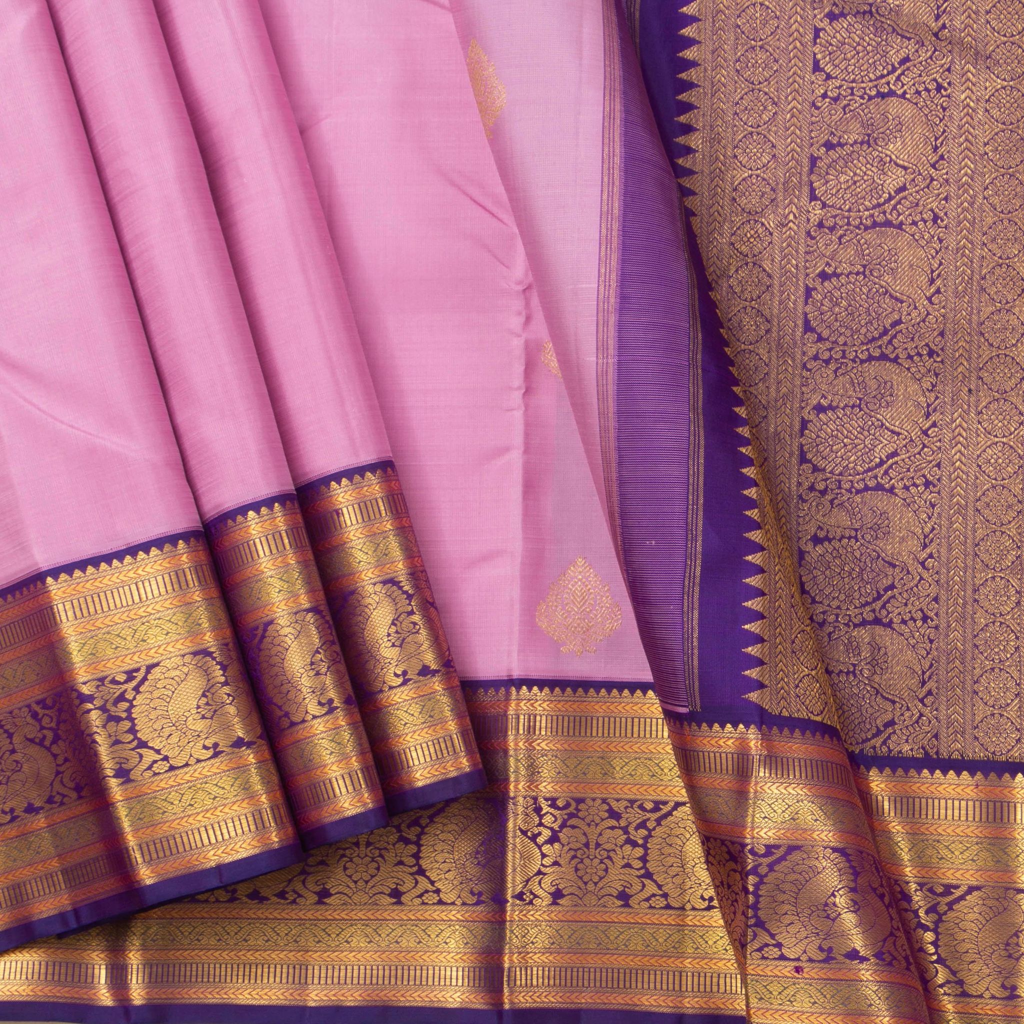 Pastel Pink And Violet Kanchipuram Silk Saree For Wedding Wear PV NYC 1265