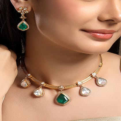 Moissanite Kundan Polki & Emerald Doublet Necklace Set- HRNS352
