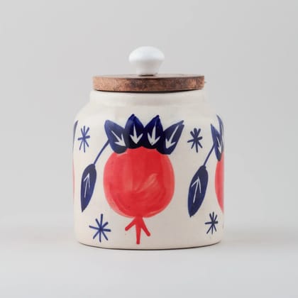 Eyaas Hand-Painted Pomegranate Ceramic Storage Jar with Wooden Lid  450 ml - Set of 2