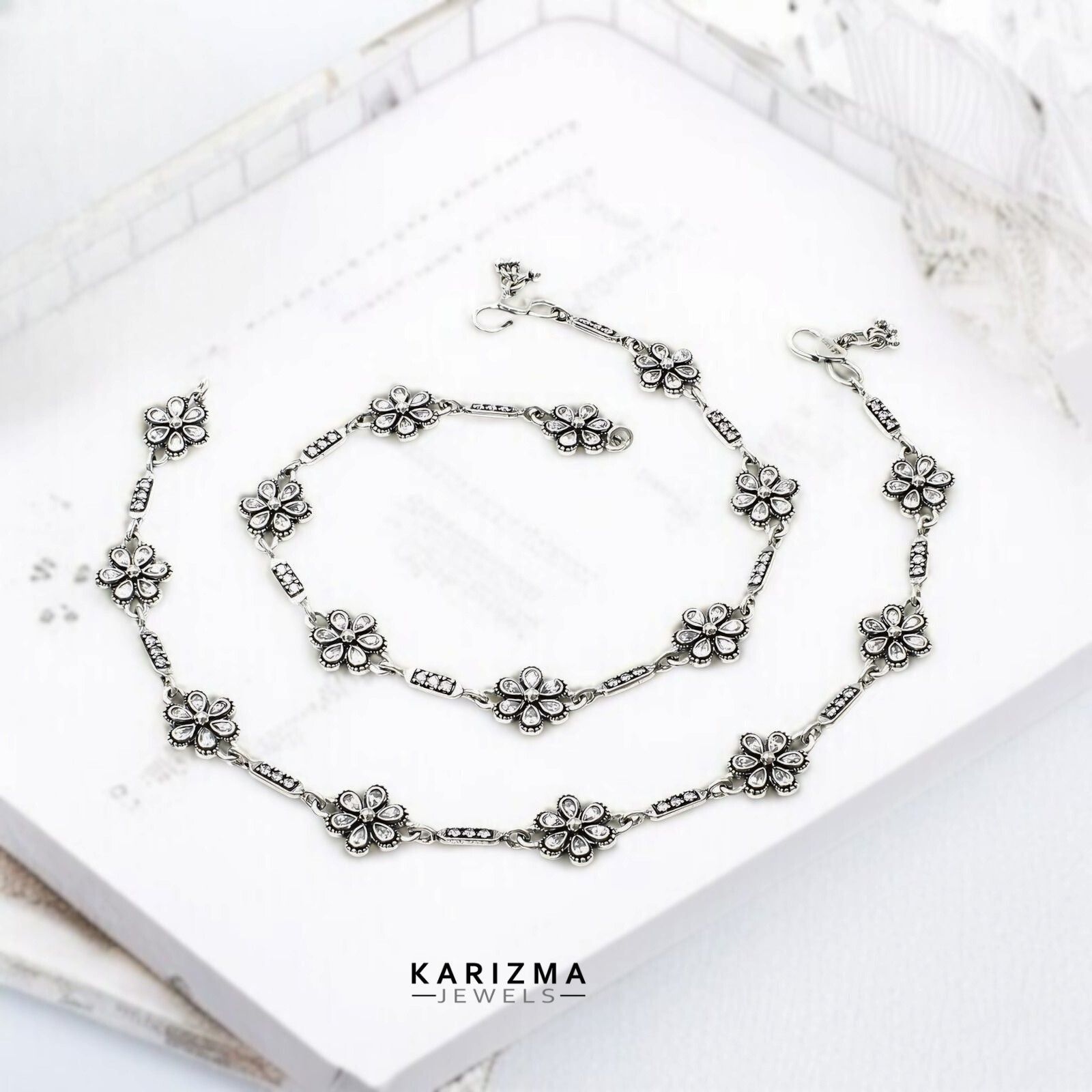 925 Sterling Silver White CZ Gifts for Women and Girls Oxidised Anklets Pair 10.2"