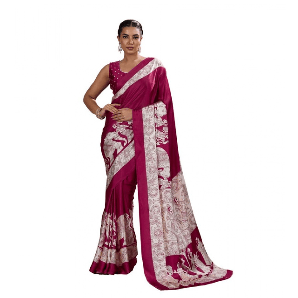 Generic Women's Satin Crepe Printed Saree With Unstitched Blouse 5.5Mtr (Maroon)