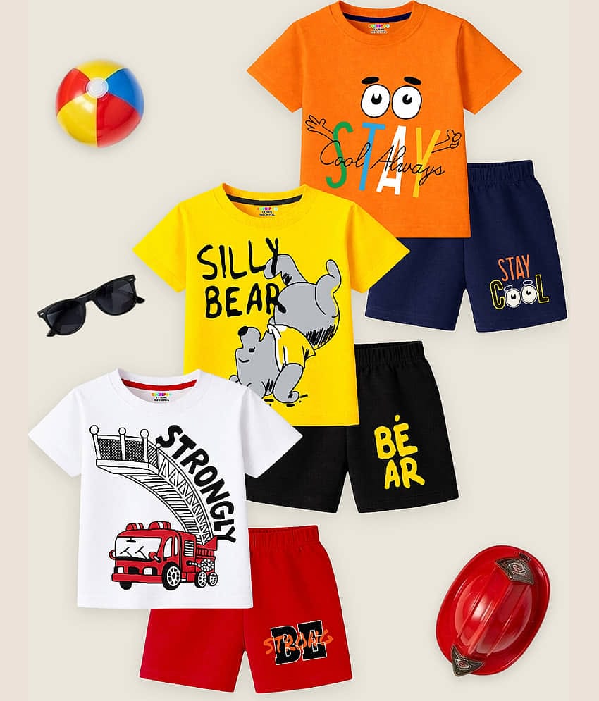 Kuchipoo Boys Cotton Blend T-Shirt & Shorts Set ( Multicolor , Pack of 3 )
