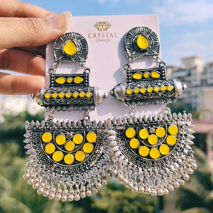 Large Yellow Cresent Oxidised Earrings
