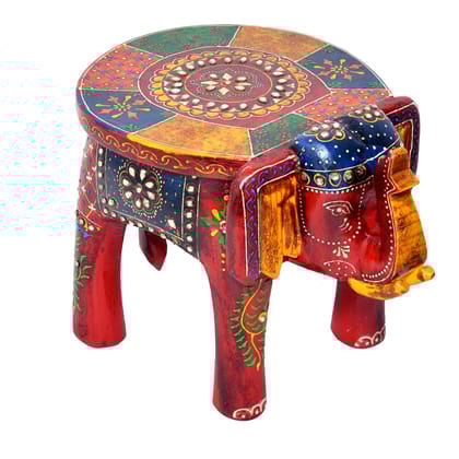 Wooden Multicolor Tabletop Elephant Figurine Stool