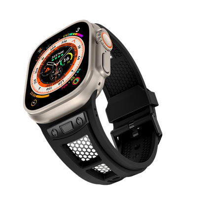 Premium Hexagonal Titanium Mesh Wide Sport Bands By iSerieshub Compatible for iWatch-49/ 45 /44/42MM / Full Black