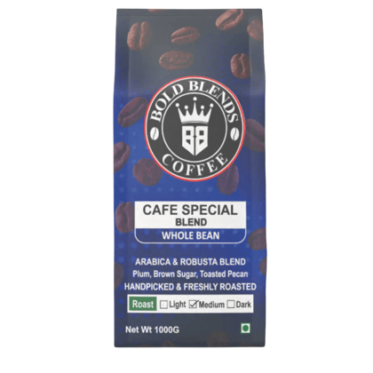 Bold Blends Cafe Special Blend 1kg  Roasted Whole Beans  Arabica & Robusta  Beans Specially Crafted for Espresso Lovers  Medium to Dark Roasted Hot Air Roasting for Rich Crema  Energize Yourself with the Strongest Caffeinated Coffee