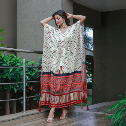 Women Wear Red Rhombus Printed White Kaftan by GlamaStitch-Free Size Up To XXL-44