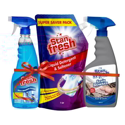 Stanfresh Liquid Detergent & Softener Pouch - 1 Ltr. | Glass Cleaner- 500ml | Stain Remover -500ml