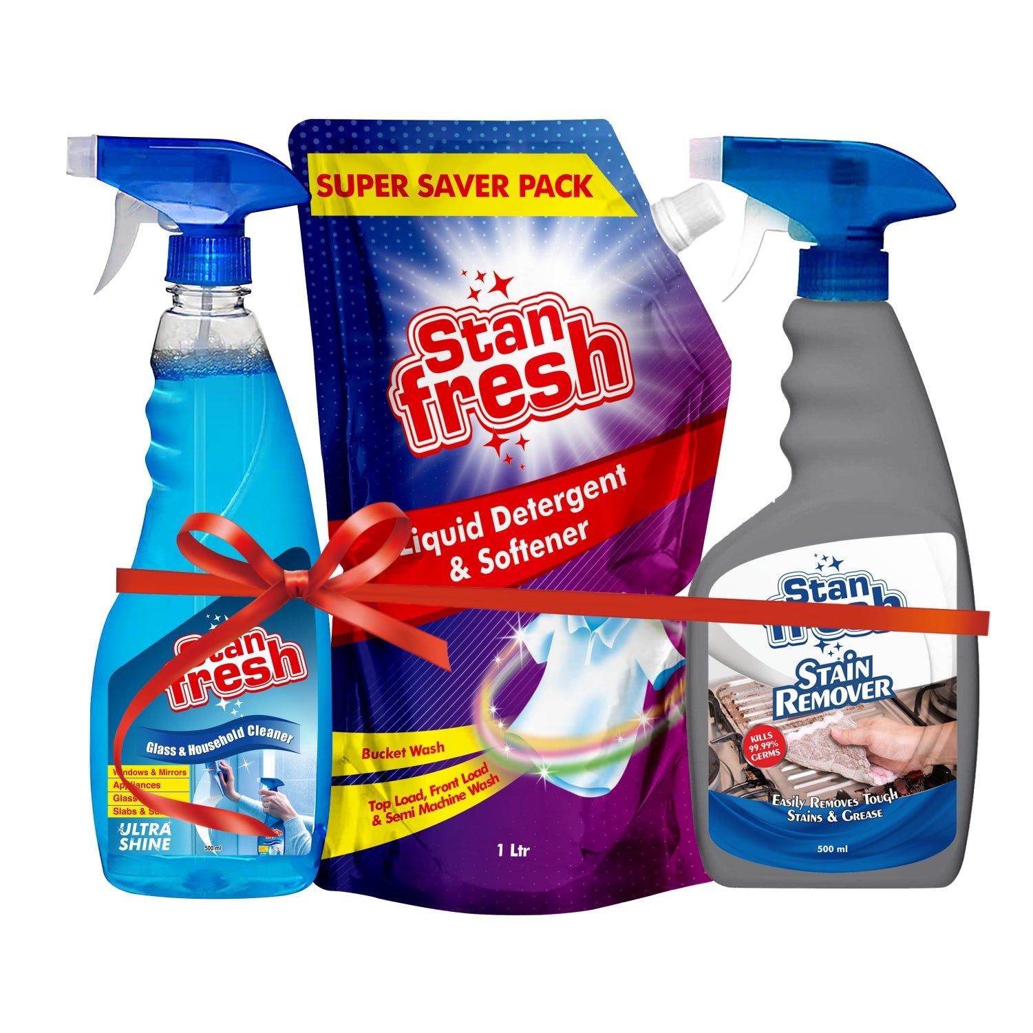 Stanfresh Liquid Detergent & Softener Pouch - 1 Ltr. | Glass Cleaner- 500ml | Stain Remover -500ml
