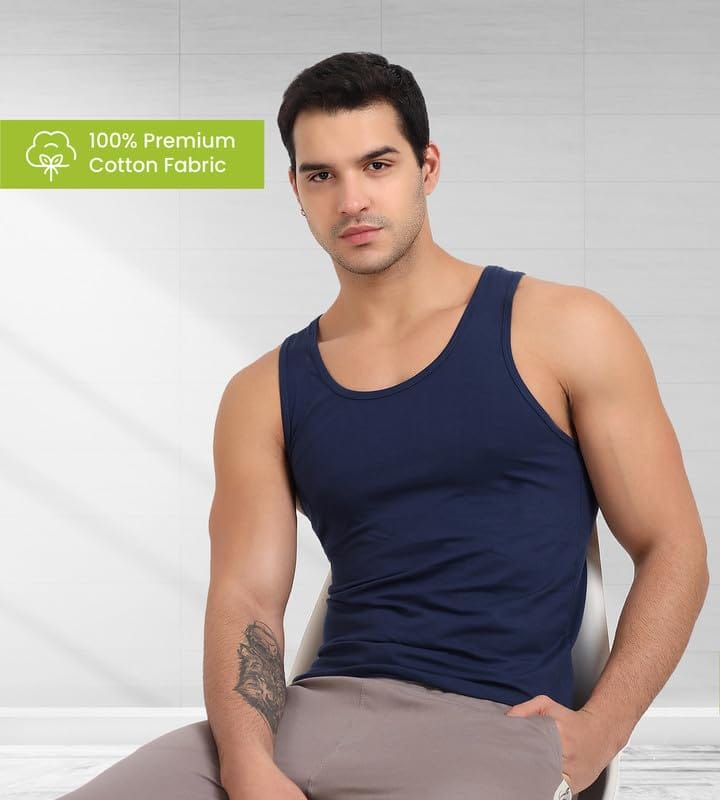 Freecultr Cotton Vest for Men Sleeveless Lightweight Solid Round Neck Comfort Vests Breathable & Comfortable Innerwear Sando for Man Regular Fit Pack of 1-Navy