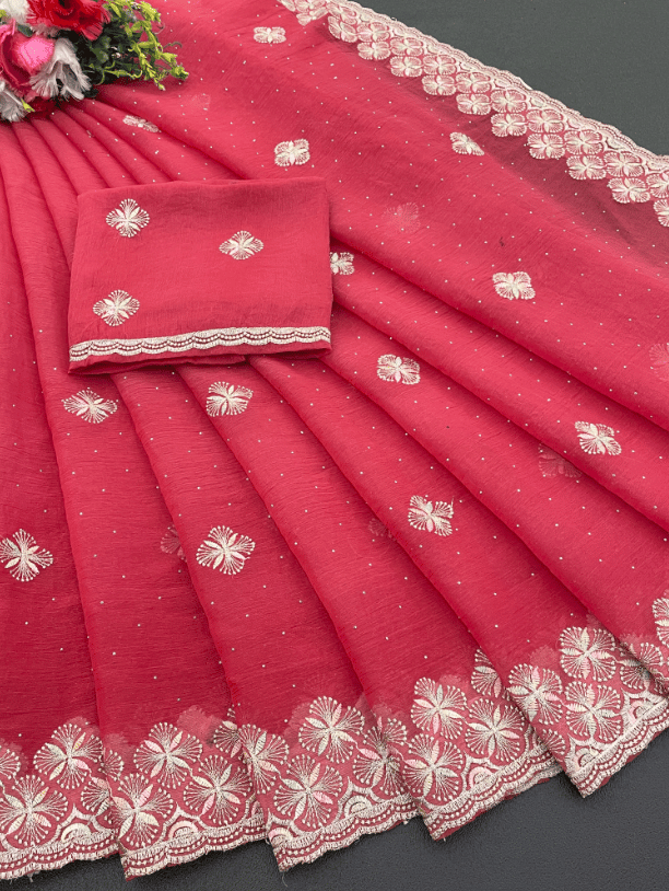 Women Embroidered Party Wear Shimmer Saree With Blouse