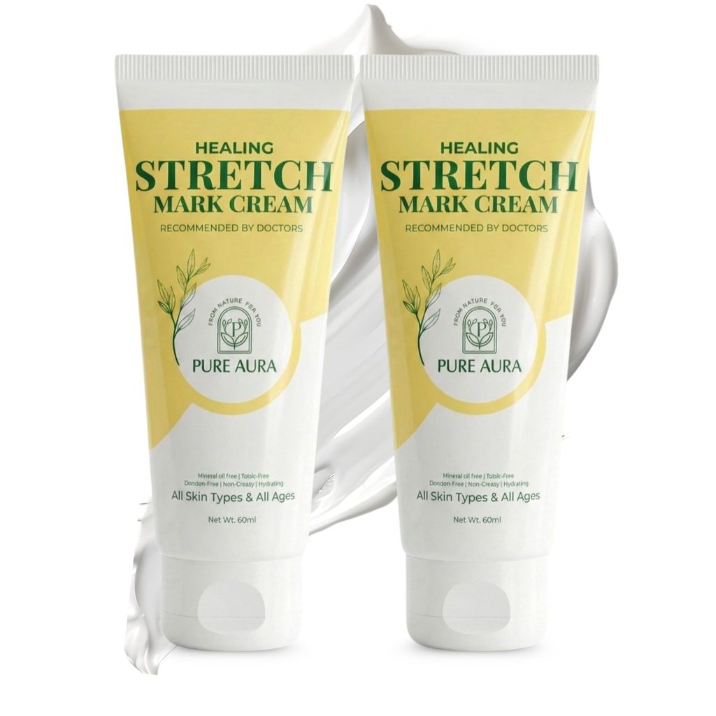 Pure Aura Healing Stretch Mark Cream | Visible Reduction in Stretch Marks in 10 Days | Hydrating Ayurvedic Blend Coconut, Almond & Centella | 60 ml