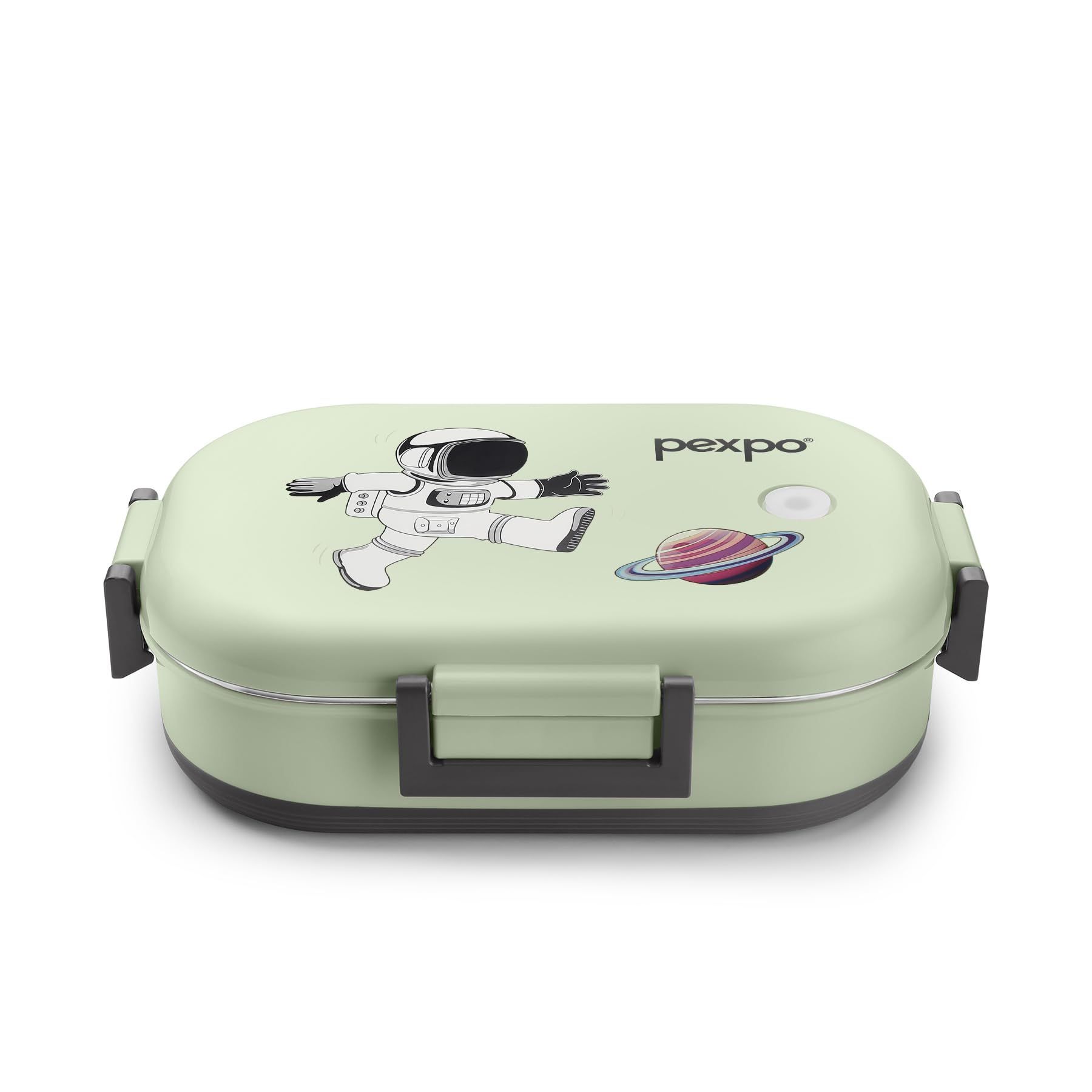 PEXPO Stainless Steel PU Insulated Tiffin Box for Kids with Anti-Skid Rubber Base & Separate Container, Green, Tango with Astronaut Design | Leak-Proof & BPA-Free