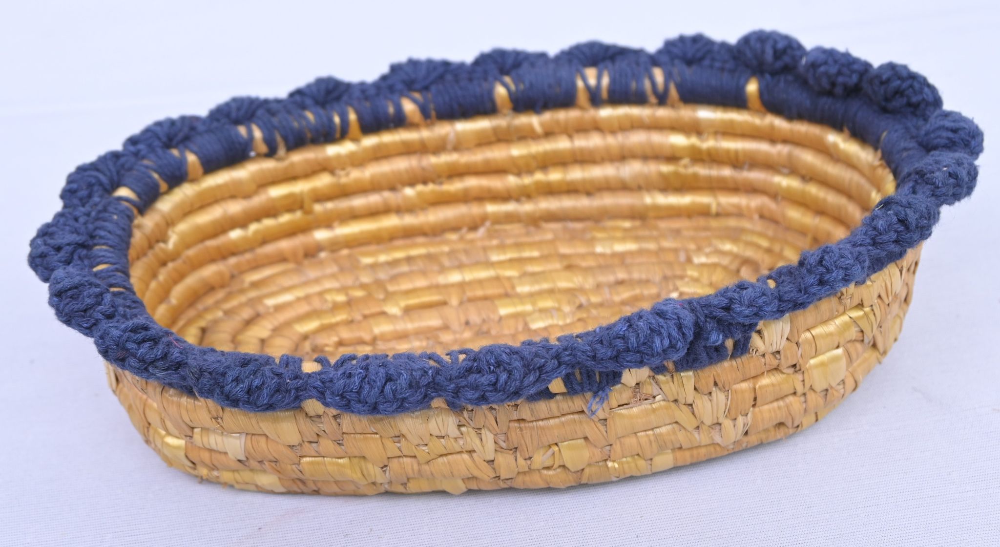 Handwoven Wheatgrass Oval Tray with Crochet Border