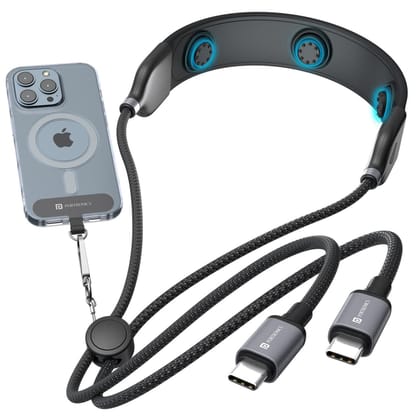 Portronics Pulse Line 3-in-1 Neckband Neck Massager  with 3 Modes, 100W PD Charging Type-C Cable, 480 Mbps Data Transfer, Strong Phone Lanyard, Adjustable Nylon Braided Strap for Smartphones & Laptops - Black