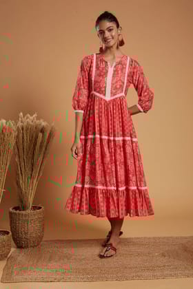 Carrot red digital print chanderi tiered dress with lace detailing-XL