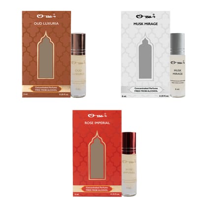 OSSA OUD LUXURIA, MUSK MIRAGE, ROSE IMPERIAL CONCENTRATED PERFUMES (PACK OF 3)