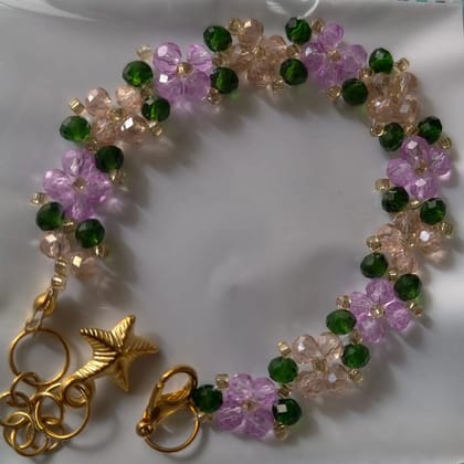 Handmade Purple, Emerald Green and Champagne Sparkle Floral Charm Bracelet