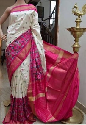 Off white and Pink Designer Silk Printed Sari J-92