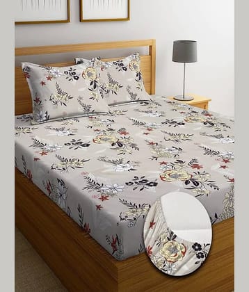 SHOMES Cotton Floral Fitted 1 Bedsheet with 2 Pillow Covers ( Double Bed ) - Beige