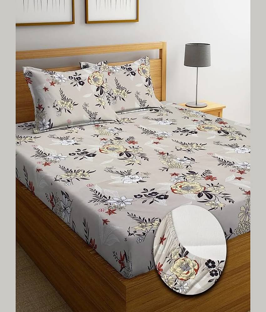 SHOMES Cotton Floral Fitted 1 Bedsheet with 2 Pillow Covers ( Double Bed ) - Beige