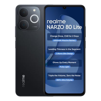 realme NARZO 80 Lite 4G (Obsidian Black, 6GB+128GB) | 6300mAh Segment's Biggest Battery | 7.94mm Slim Design | 300% Ultra Volume | Pulse Light: 9 Colors, 5 Glow Modes | Ai Assist realme NARZO 80 Lite 4G (Obsidian Black, 6GB+128GB) | 6300mAh Segment's Big