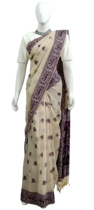 Saura Art Cotton Saree Cream Mauve Elephant Buti Pallu Saura Art Cotton Saree Cream Mauve Elephant Buti Pallu