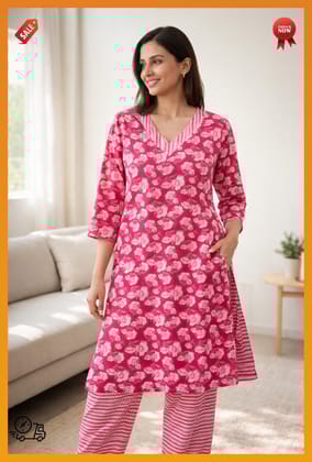 Women Pink Floral Printed Kurti with Pant | Soft Cotton Blend | 3/4 Sleeve A-Line Kurta Set for Daily Wear & Office
