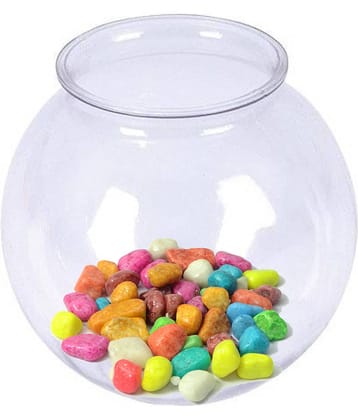 Somil Transparent Round Glass Fish Pot For Zoom View With Colorful Stones, 6 Inch Table Top