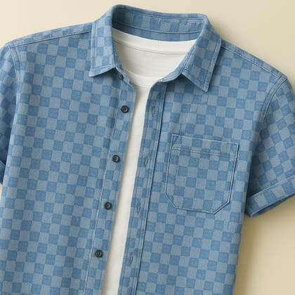 Stylish Checkered Short Sleeve Shirt-M/40 / Sky Blue
