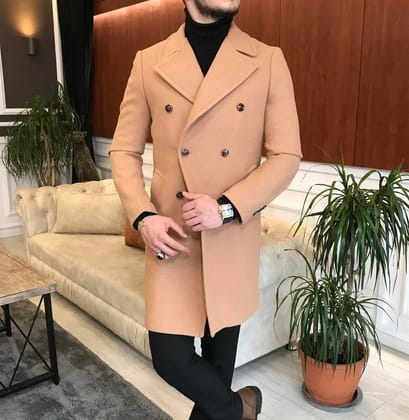 Frost Slim Fit Camel Double Breasted Wool Over Coat by ITALIAN VEGA®-S-36
