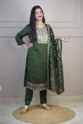 Green Colour Zari Work Straight Kurta Set with Pant & Dupatta-XL / Dark Green
