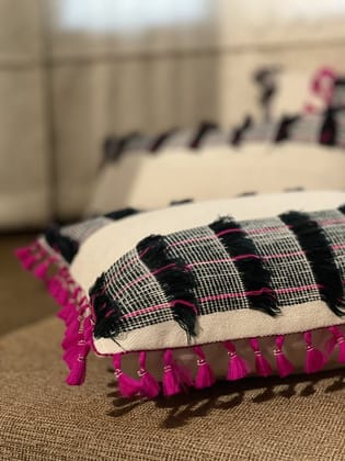 KRI India Distressed Striped Black and Pink Cushion Covers 12x18" | Wash & Care | 100% Cotton | Handcrafted in India. 100% organic & natural.