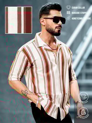 Barcode Stripe Brown Half Sleeve Shirt-S / Brown