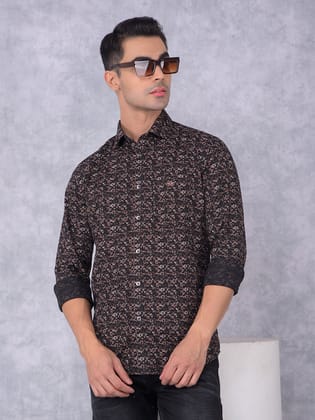 Brown Printed 100% Cotton Shirt-M / Brown
