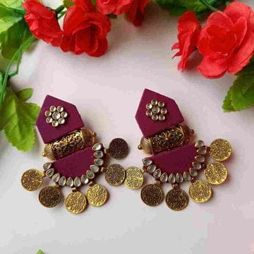 WINE FEBRIC JUMKHA EARRINGS WITH COINS AND STONES (PACK OF 1)