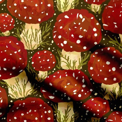 Red Mushroom Meadow Dark Print Fabric-Cotton