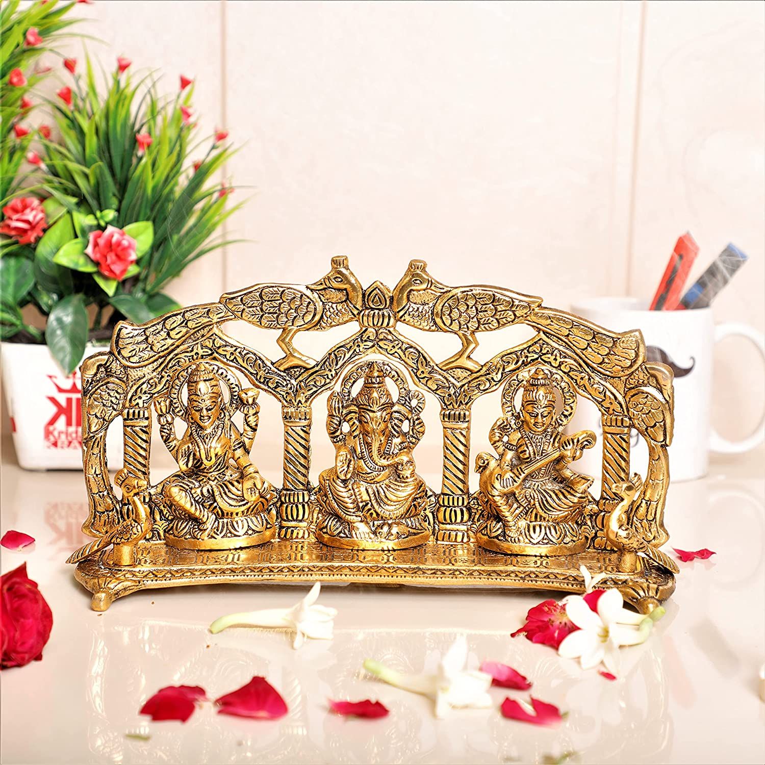 DreamKraft Metal Laxmi Saraswati Idol Decorative Murti Peacock Frame Metal Statue