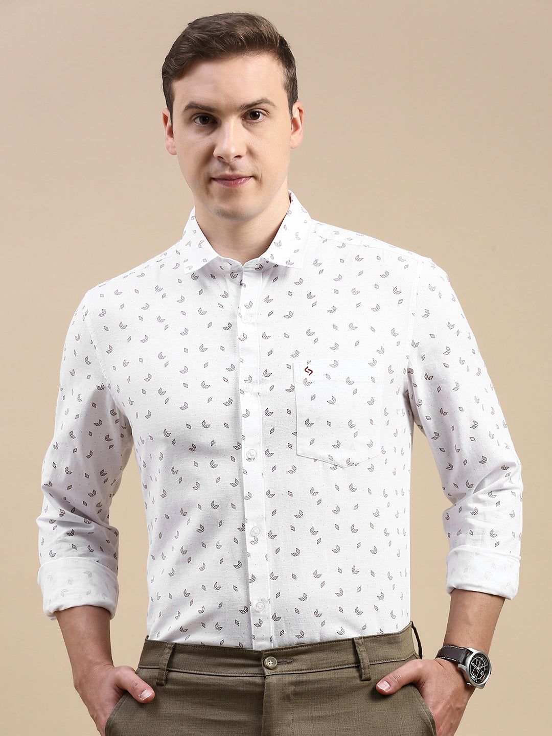 Classic Polo Men's Polo Neck Cotton Linen White/Rust Slim Fit Printed Shirt | LINEN-32A-FS-PRT-SF