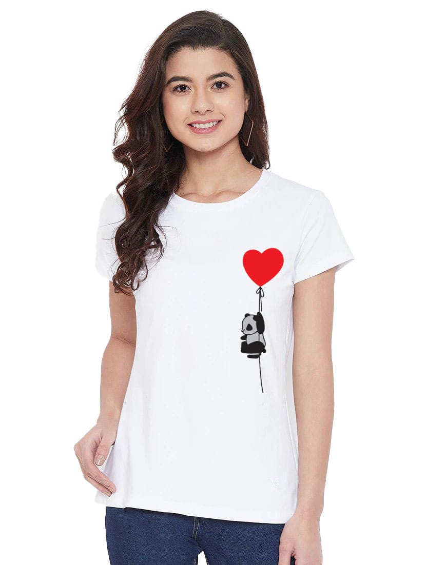 Women's Cotton Blend Panda With Heart Balloon Printed T-Shirt M (White)